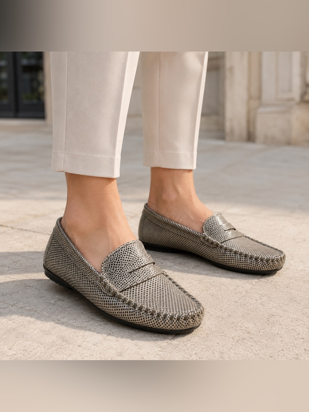 Vaneli 7.5M Medium Taupe Metallic Snake Print Leather Penny Loafer Driving Shoes